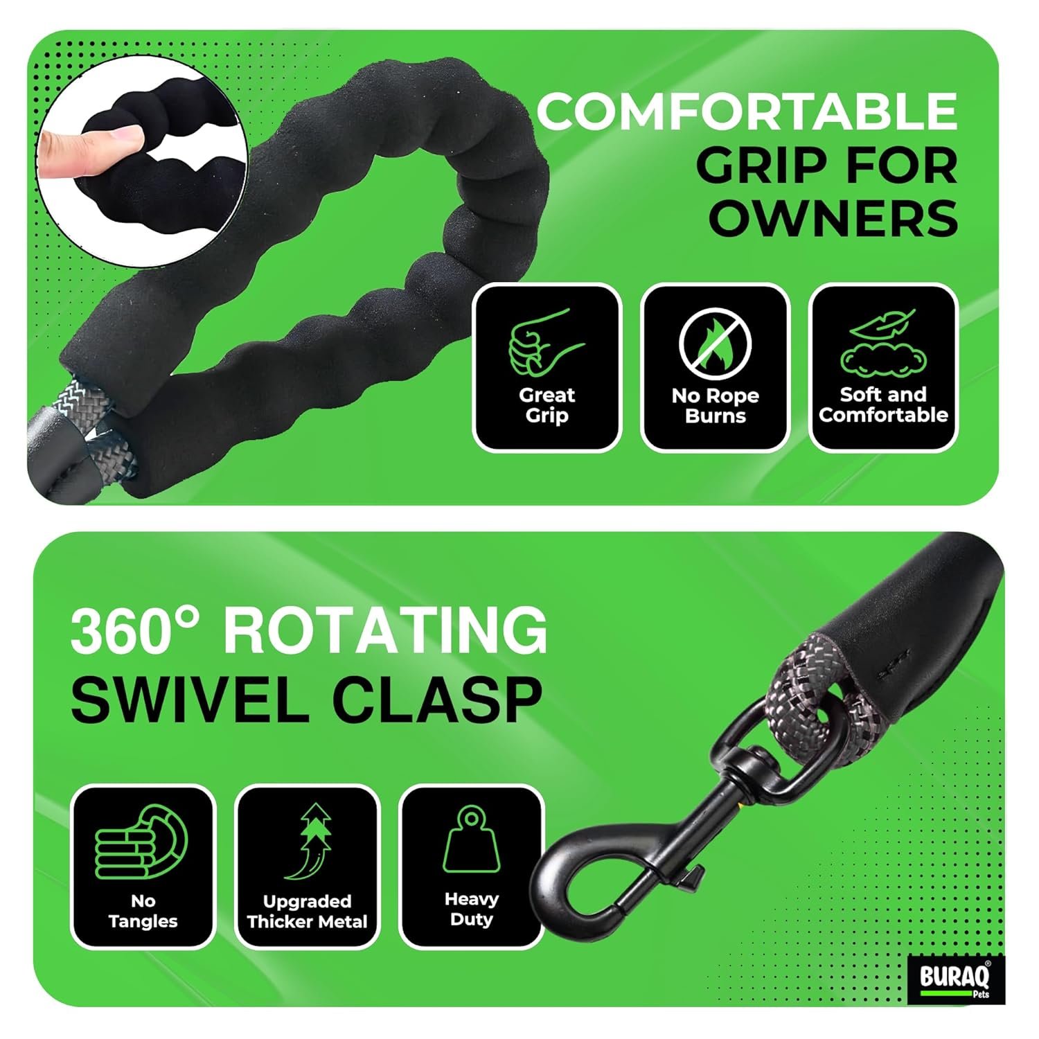 buraq heavy duty 5ft dog leash with padded handle & swivel hook – black buraq heavy duty 5ft dog leash with padded handle & swivel hook – black